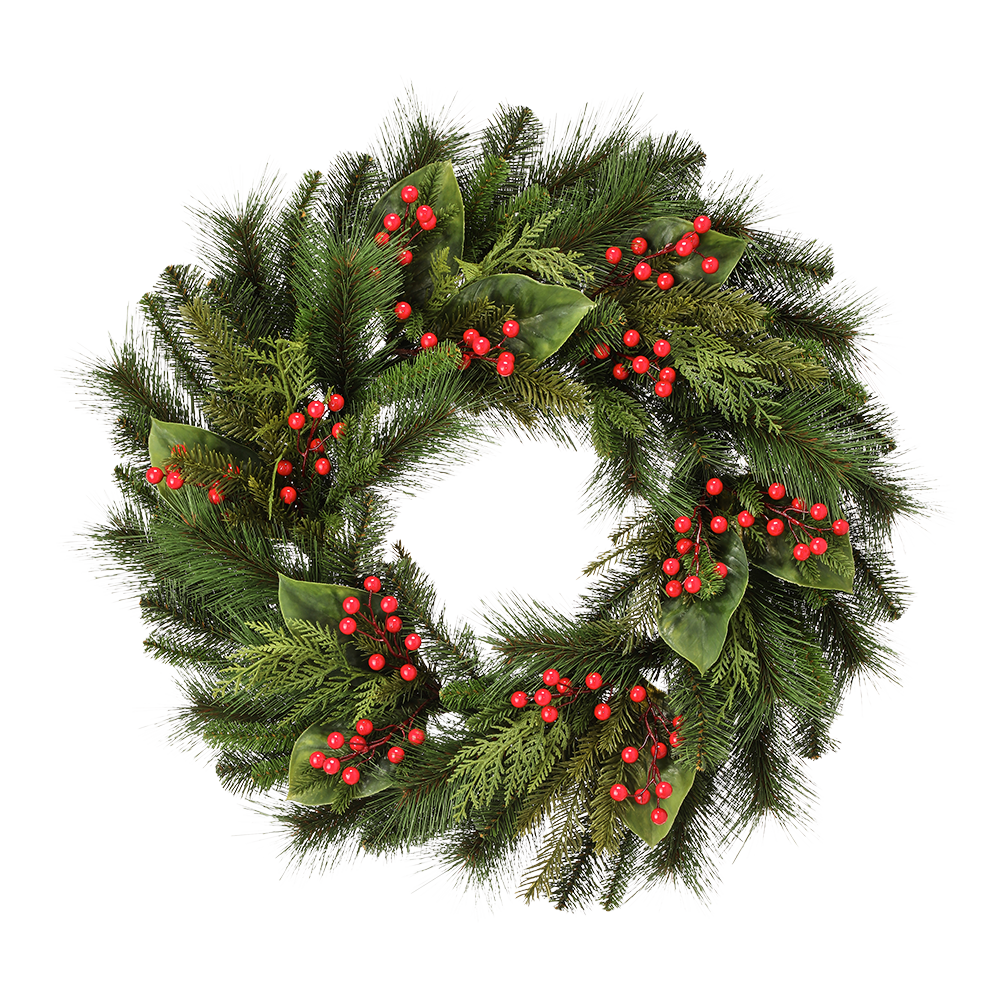 Viv! Christmas Artificial Christmas Wreath with Red Berries and Magnolia Leaves - UV resistant - green red - Ø76cm