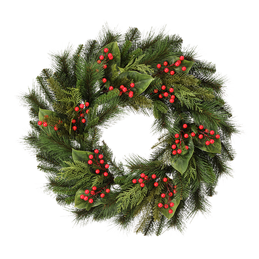 Viv! Christmas Artificial Christmas Wreath with Red Berries and Magnolia Leaves - UV resistant - green red - Ø76cm