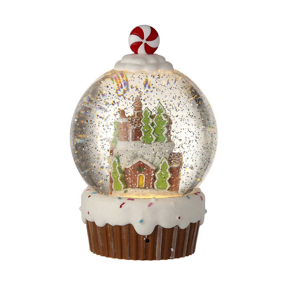 Viv! Christmas Snow Globe incl. LED - Gingerbread Castle Cupcake - automatic - brown red white - 24cm