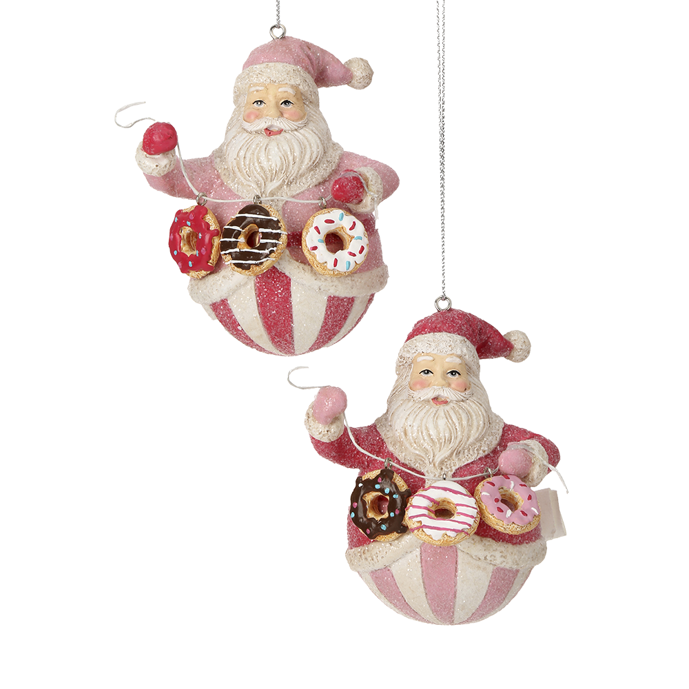 Viv! Christmas Ornament - Santa Claus with Donuts - Set of 2 - Pink Red - 10cm