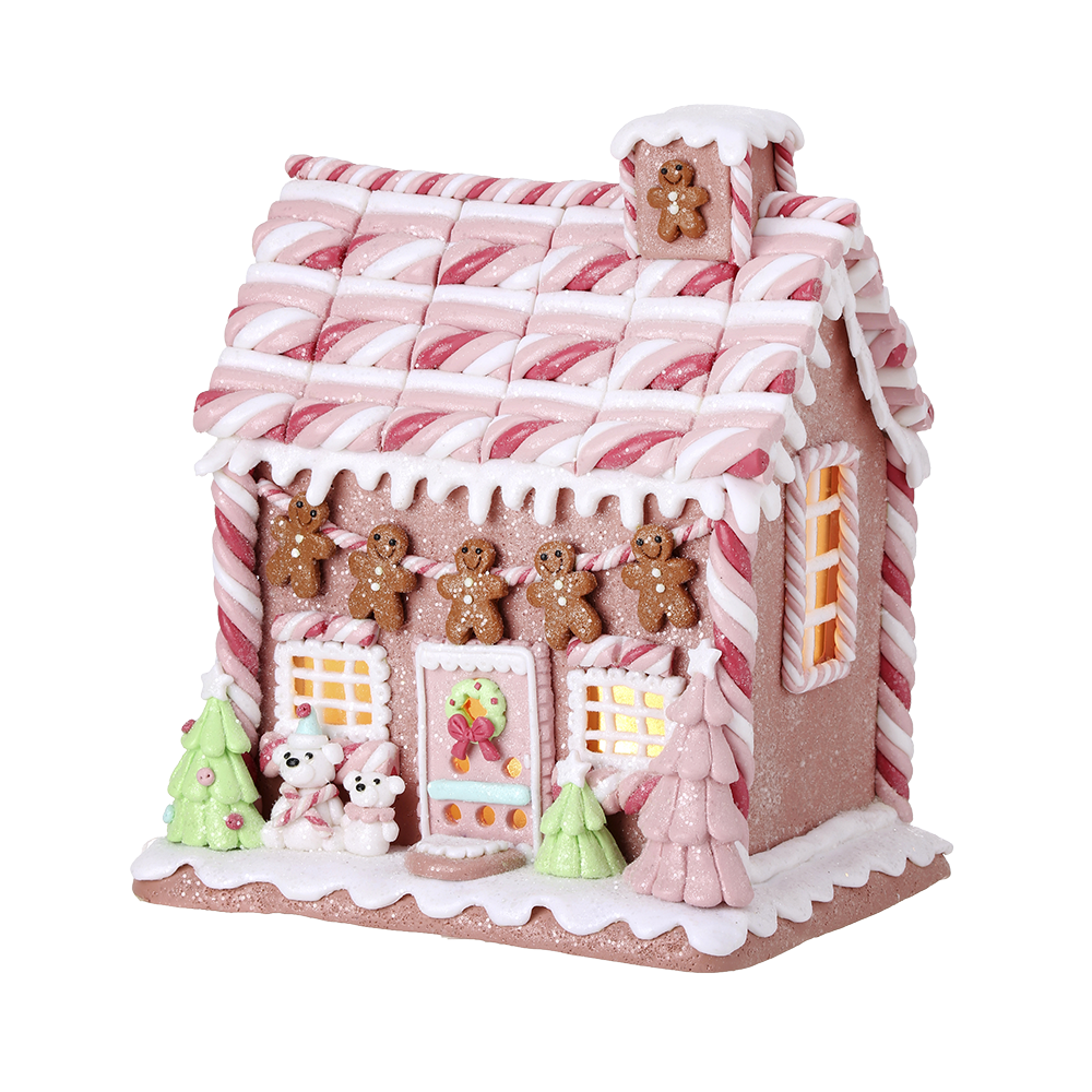 Viv! Weihnachtliche Weihnachtsstatue - Lebkuchen-Tonhaus mit Marshmallow-Bären inkl. LED-Beleuchtung - pastellrosa - 23cm