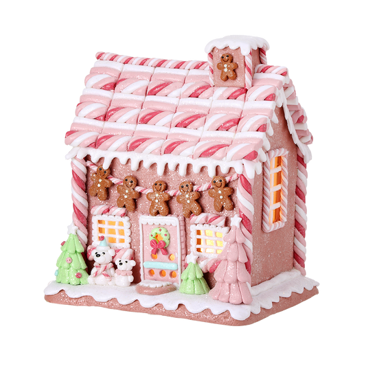 Viv! Weihnachtliche Weihnachtsstatue - Lebkuchen-Tonhaus mit Marshmallow-Bären inkl. LED-Beleuchtung - pastellrosa - 23cm