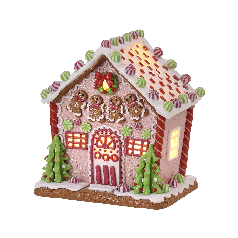 Viv! Christmas Kerstbeeld - Gingerbread Mannetjes Huis van Klei incl. LED Verlichting -  pastel roze - 22cm