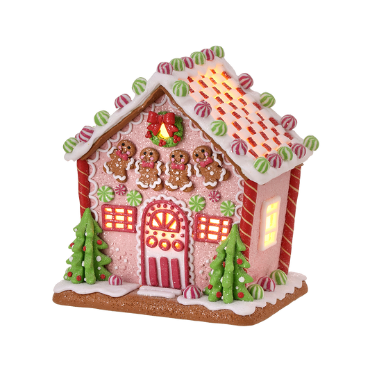 Viv! Weihnachtliche Weihnachtsstatue - Lebkuchenmann-Tonhaus inkl. LED-Beleuchtung - pastellrosa - 22cm