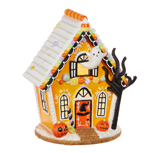 Viv! Christmas Halloween Decoratie Beeld - Gingerbread Huis met Spookje incl. LED Verlichting - 30 cm