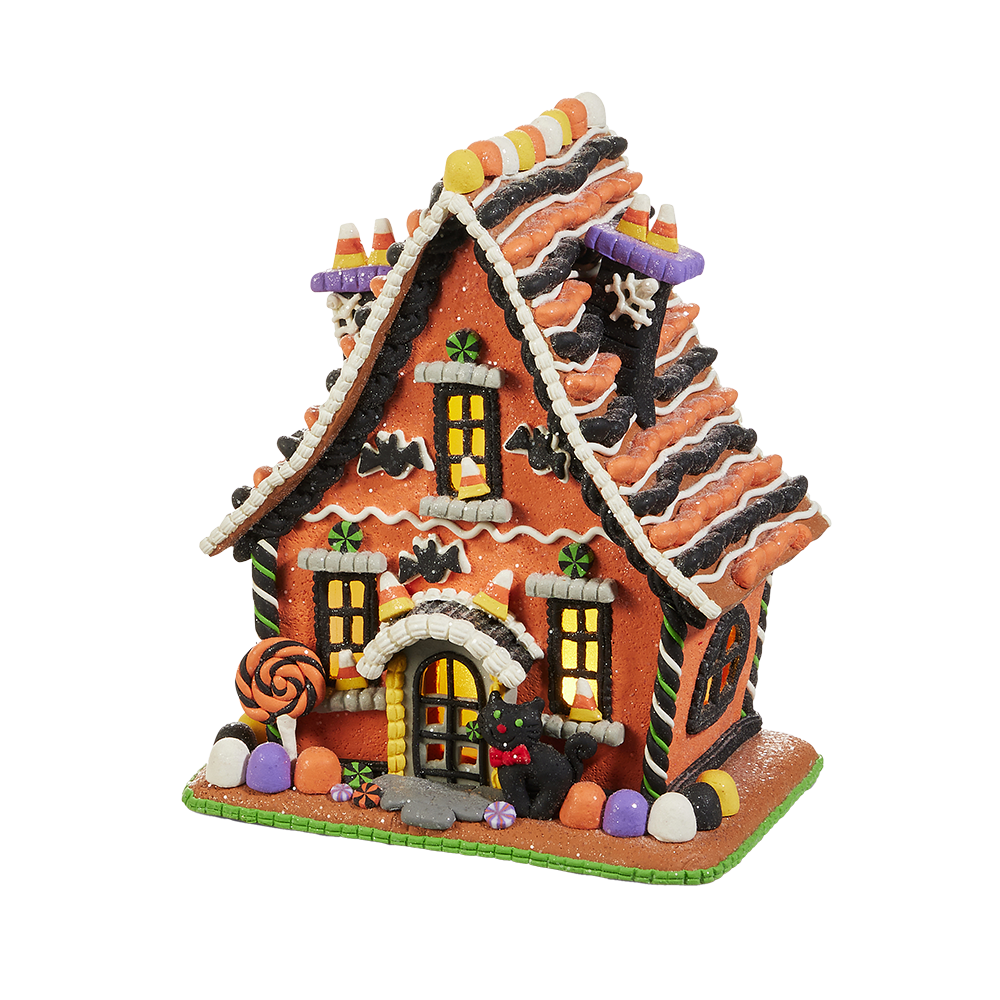Viv! Christmas Halloween Decoratie Beeld - Oranje Gingerbread Huis van Klei incl. LED Verlichting - 23 cm