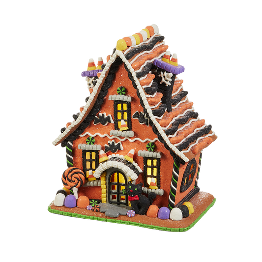 Viv! Christmas Halloween Decoratie Beeld - Oranje Gingerbread Huis van Klei incl. LED Verlichting - 23 cm