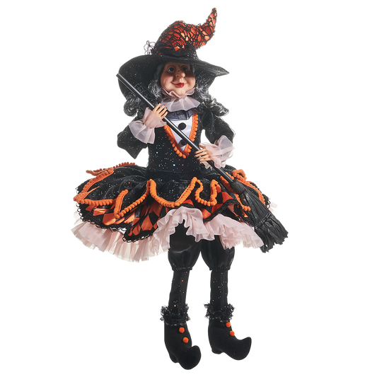 Viv! Christmas Halloween Decoratie Beeld - Heks in Oranje en Zwarte Feestjurk - 51 cm