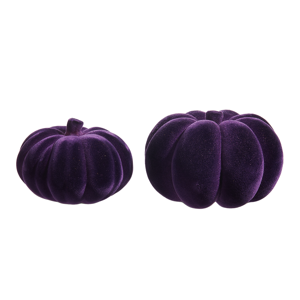 Viv! Christmas Halloween Decoratie Beeld - Paarse Geflockte Pompoenen - set van 2 - 20 cm