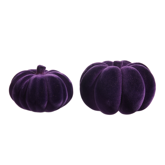 Viv! Christmas Halloween Decoratie Beeld - Paarse Geflockte Pompoenen - set van 2 - 20 cm