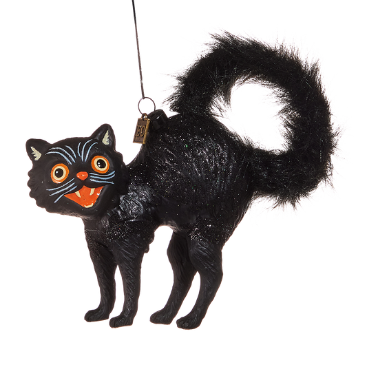 Viv! Christmas Halloween Decoratie - Zwarte Kat Ornament met Pluizige Staart - glas - 13 cm