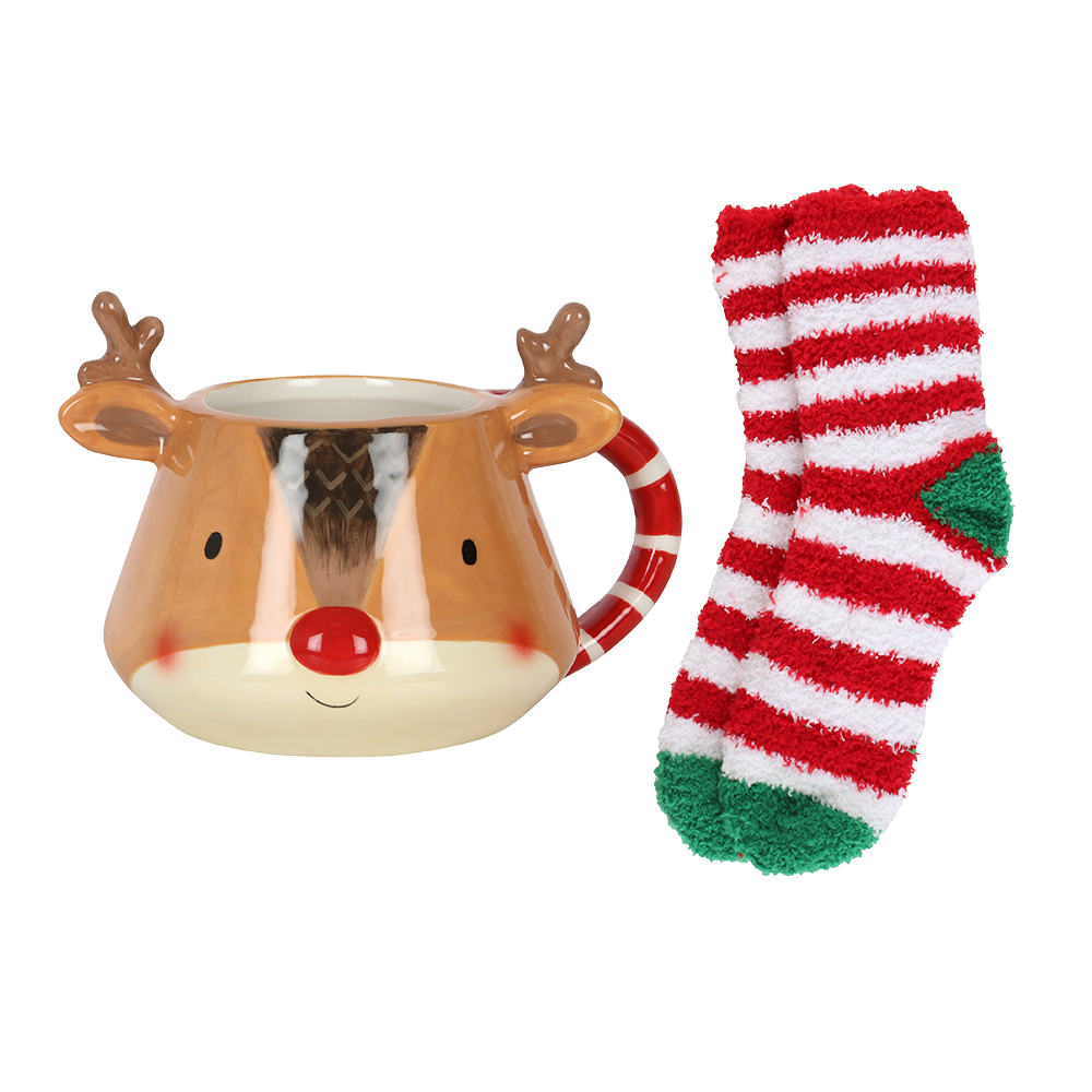 Viv! Christmas Kerstmok Cadeauset - Rudolph Rendier Mok met Kerstsokken - keramiek