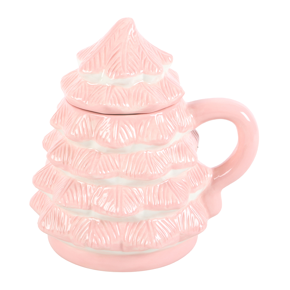 Viv! Christmas Mug with Lid - Pink Christmas Tree Mug - Ceramic