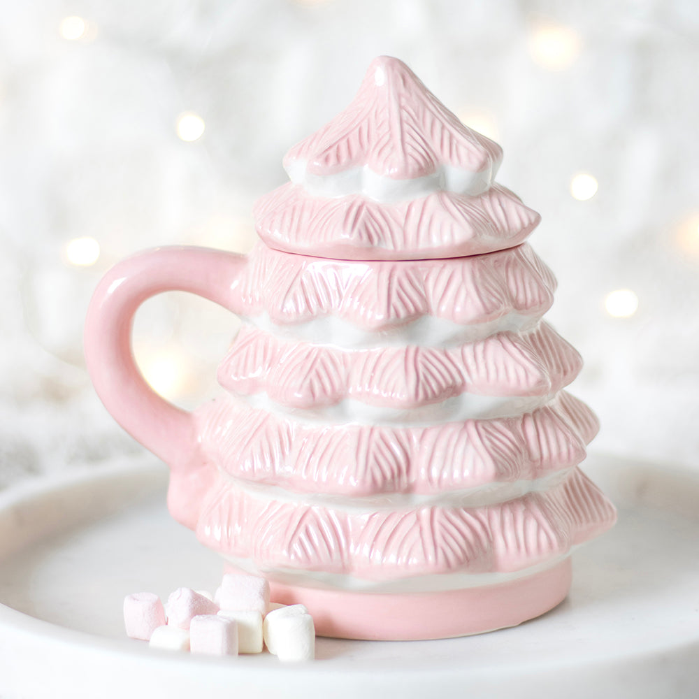 Viv! Christmas Mug with Lid - Pink Christmas Tree Mug - Ceramic