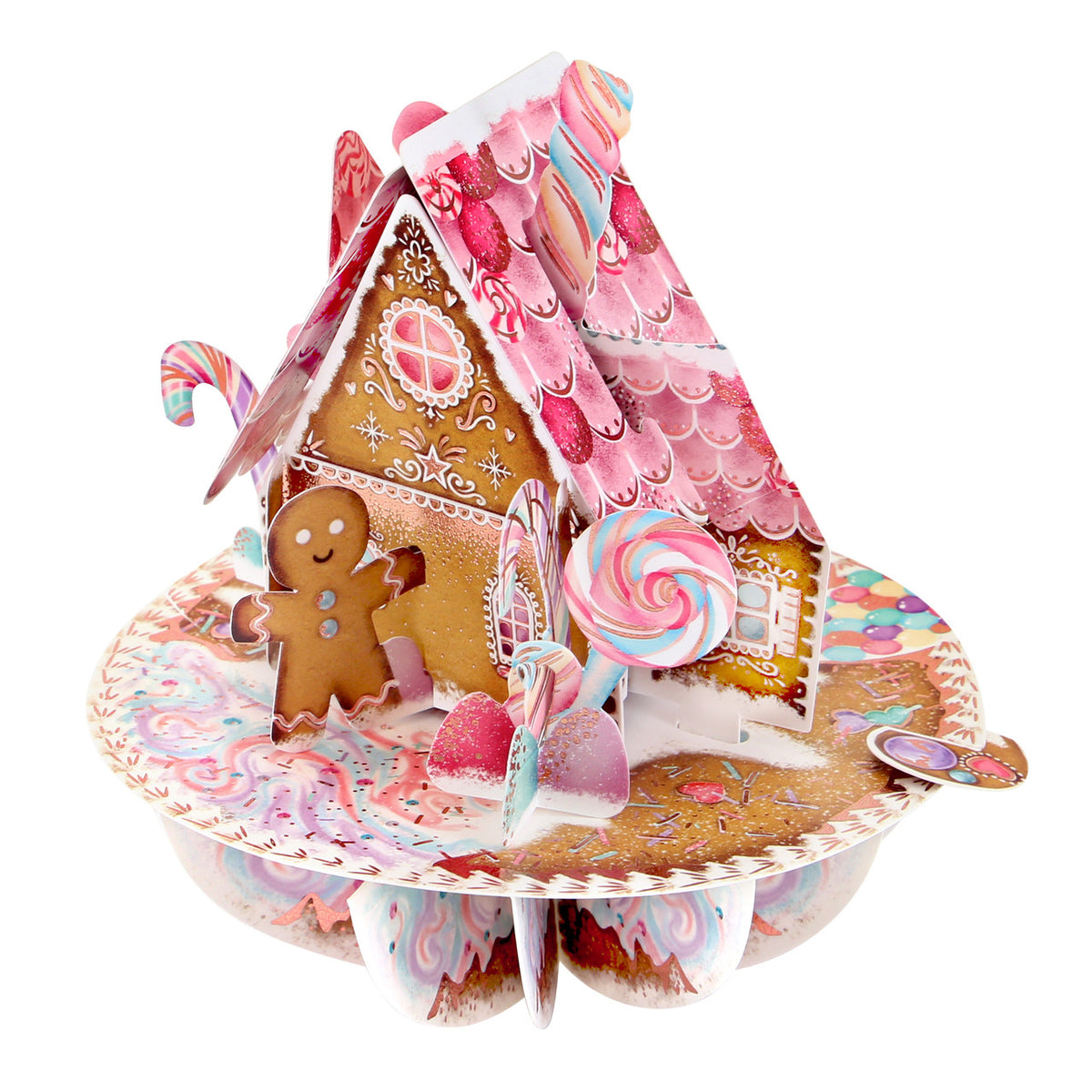 Santoro London - 3D Pirouette Weihnachtskarte - Pink Gingerbread House