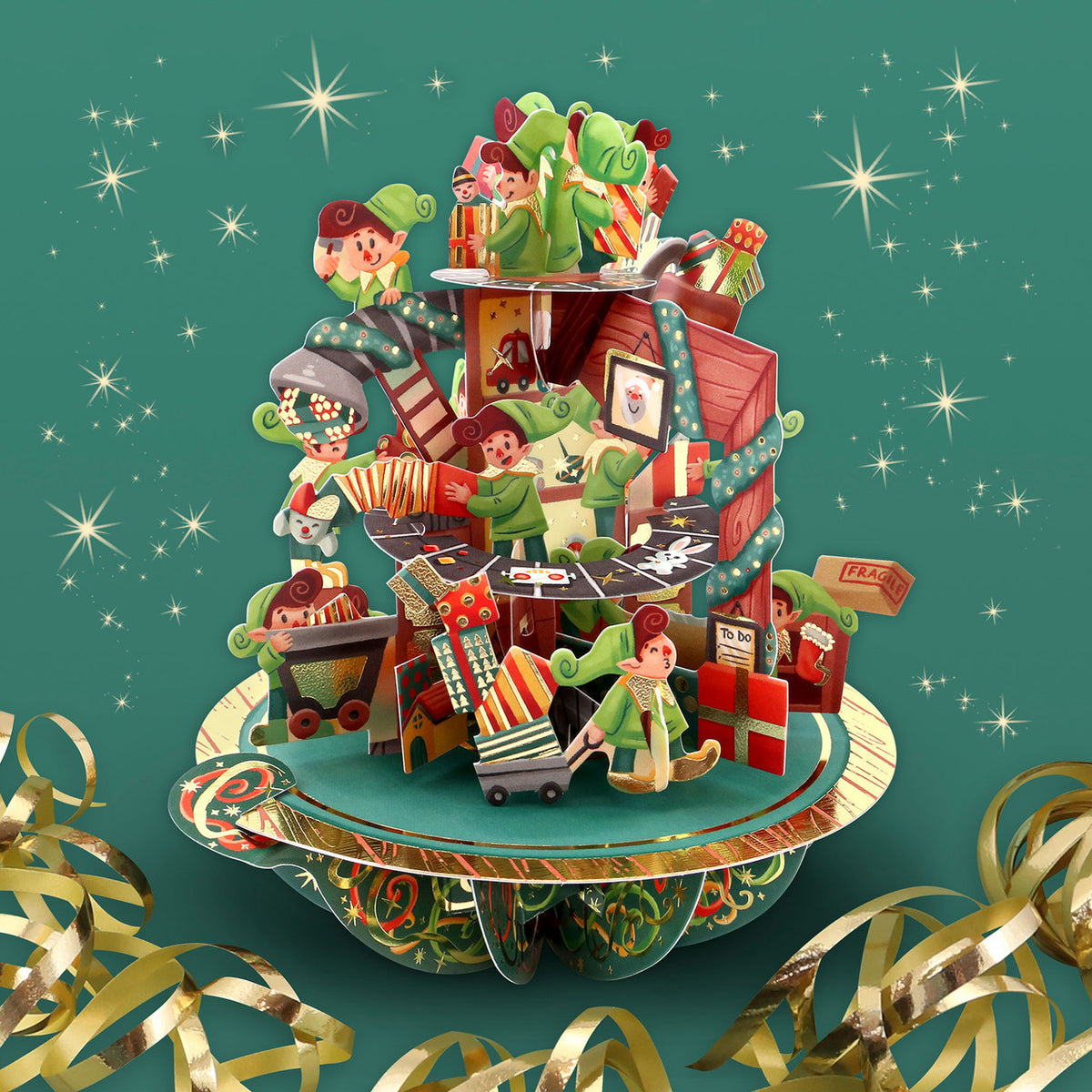Santoro London - 3D Pirouette Kerstkaart - Santa's Workshop