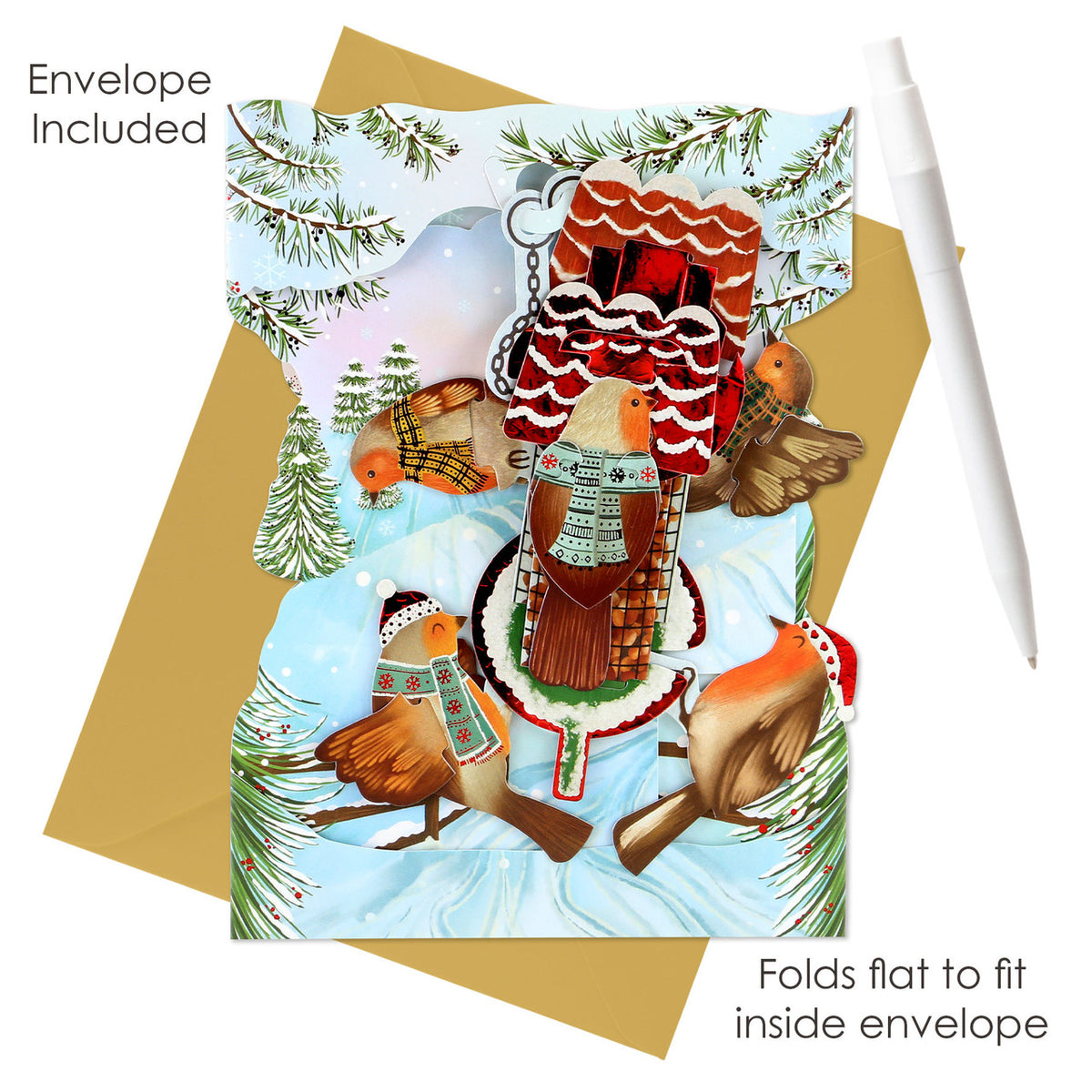 Santoro London - 3D Pop-up Swing Weihnachtskarte - Christmas Robins