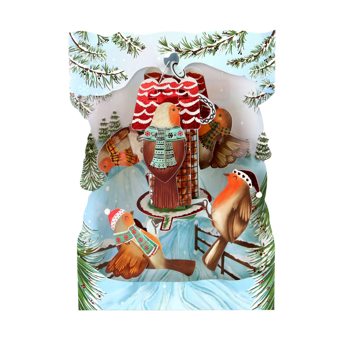 Santoro London - 3D Pop-up Swing Weihnachtskarte - Christmas Robins