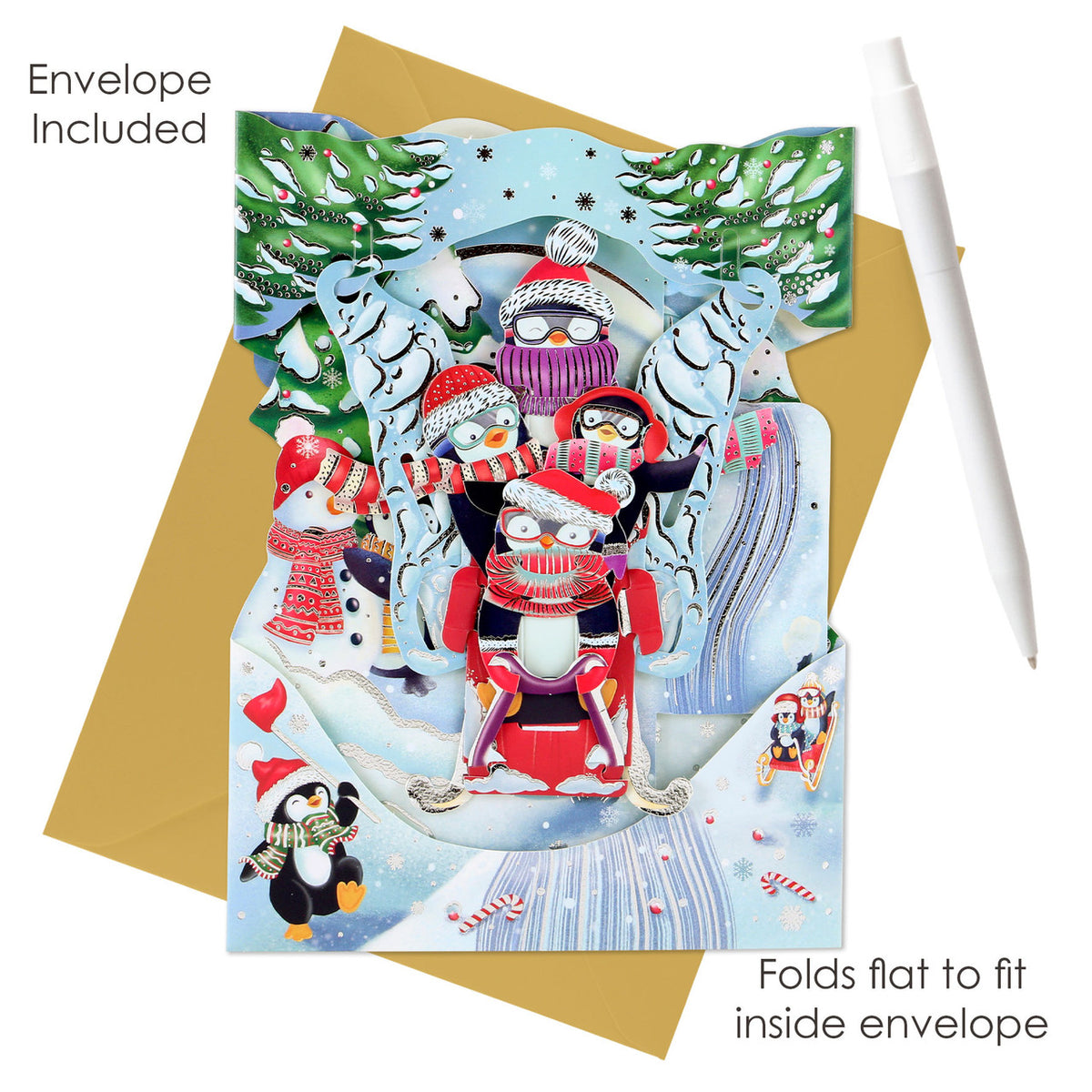 Santoro London - 3D Pop-up Swing Kerstkaart - Sledging Penguins