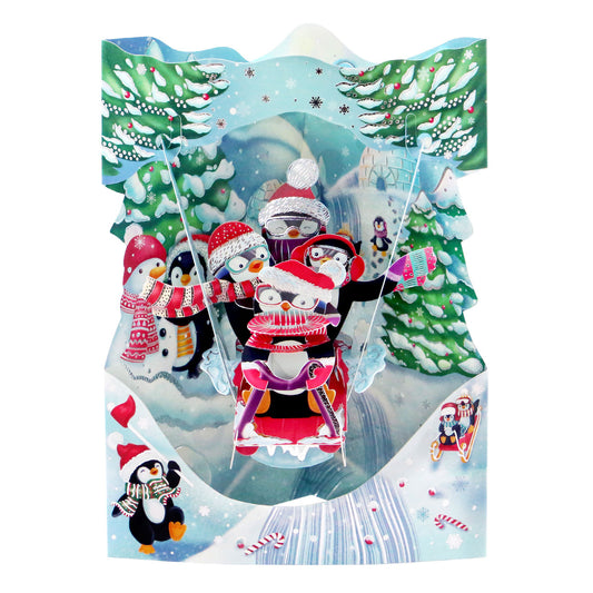 Santoro London 3D Pop-Up Swing Christmas Card - Sledging Penguins