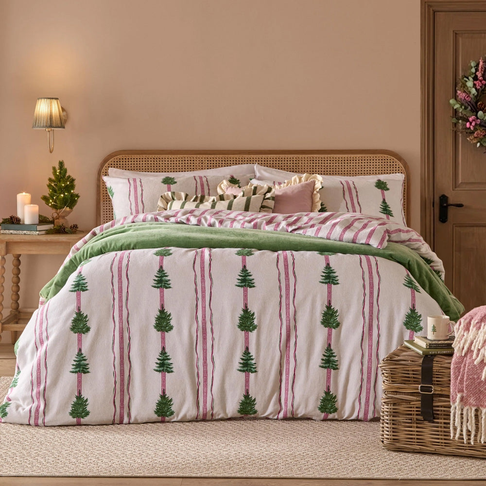 Viv! Christmas Duvet Cover - Christmas Trees with Pink Stripes - Brushed Cotton - Reversible | Delivery ± 2 weeks
