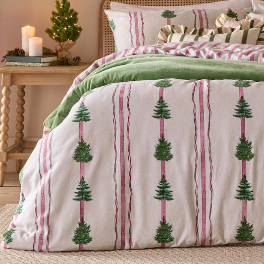 Viv! Christmas Duvet Cover - Christmas Trees with Pink Stripes - Brushed Cotton - Reversible | Delivery ± 2 weeks