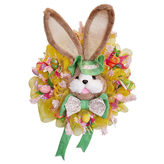 Viv! Christmas Exclusive Easter Wreath - Handmade - Easter Bunny with Tulle Wreath and Easter Eggs - Yellow Green - 64cm