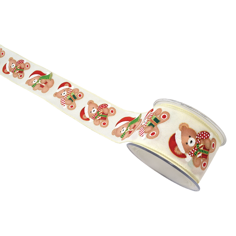 Viv! Christmas Weihnachtsband mit Draht - Teddybär-Band - Creme Rot Grün - 6,7 cm x 9 m