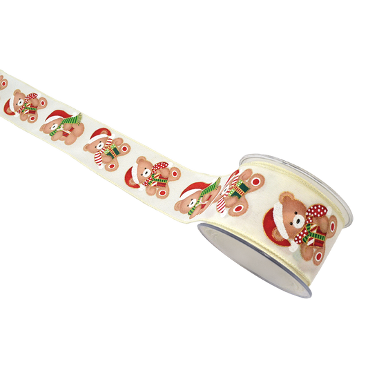 Viv! Christmas Weihnachtsband mit Draht - Teddybär-Band - Creme Rot Grün - 6,7 cm x 9 m