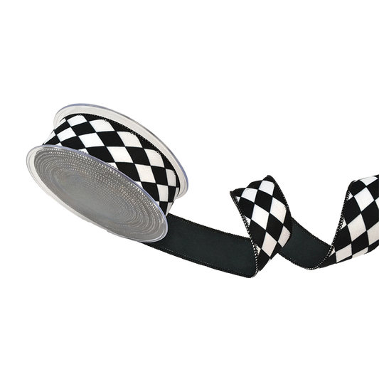 Viv! Christmas Wired Ribbon - Harlequin Check - Black White - 4.3cm x 9m