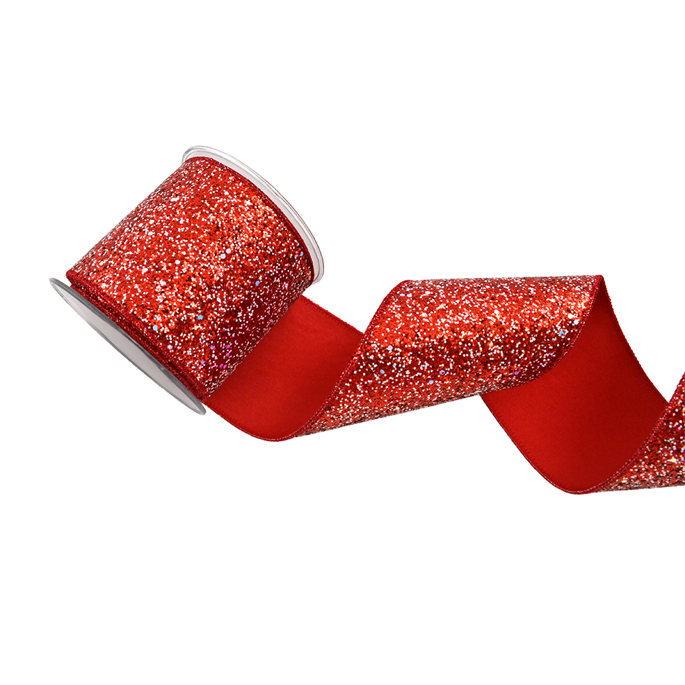 Viv! Christmas Wired Ribbon - Glitter - Red White - 10cm x 4.5m