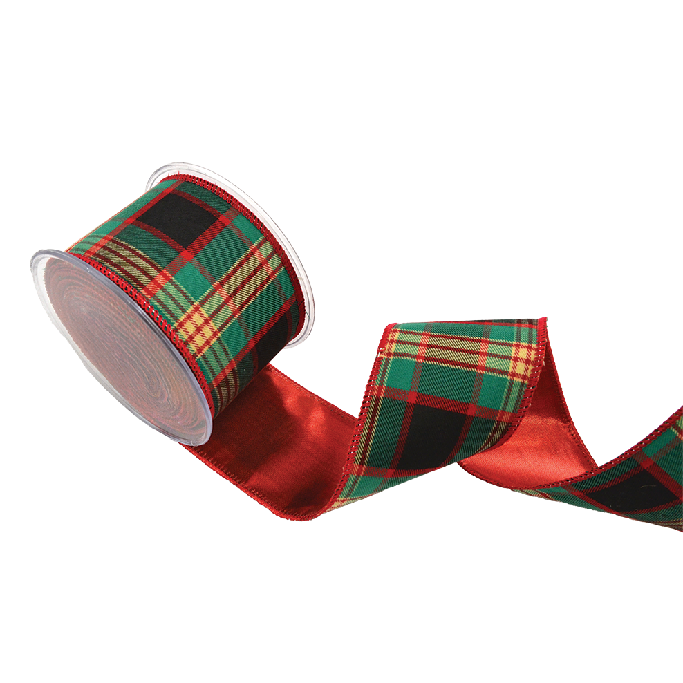 Viv! Christmas Wired Ribbon - Tartan with Shimmering Reverse - Red Green - 6.7cm x 4.5m