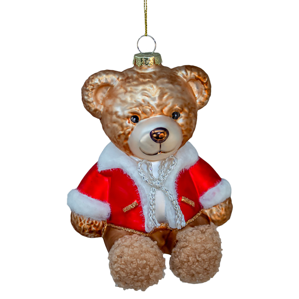 Kurt S. Adler Weihnachtsanhänger - Teddybär mit Plüschjacke - Glas - Rot Weiß - 14 cm