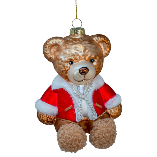 Kurt S. Adler Christmas Ornament - Teddy Bear w/ Plush Coat - Glass - Red White - 14 cm