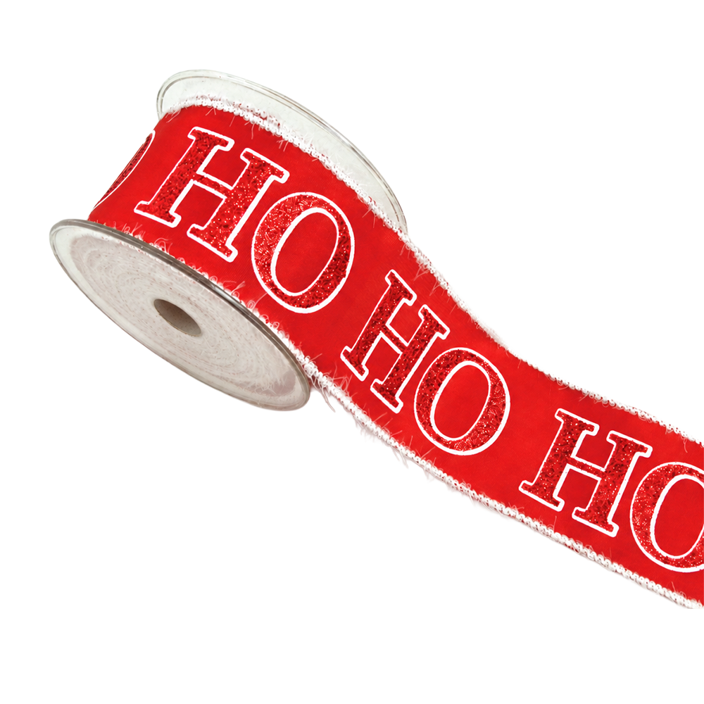 Viv! Christmas Wired Ribbon - Ho Ho Ho Glitter - Red White - 6.7cm x 4.5m