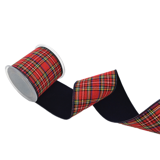 Viv! Christmas Cinta Alambrada de Navidad - Tartan Rojo y Terciopelo Azul Oscuro - 10cm x 4,5m