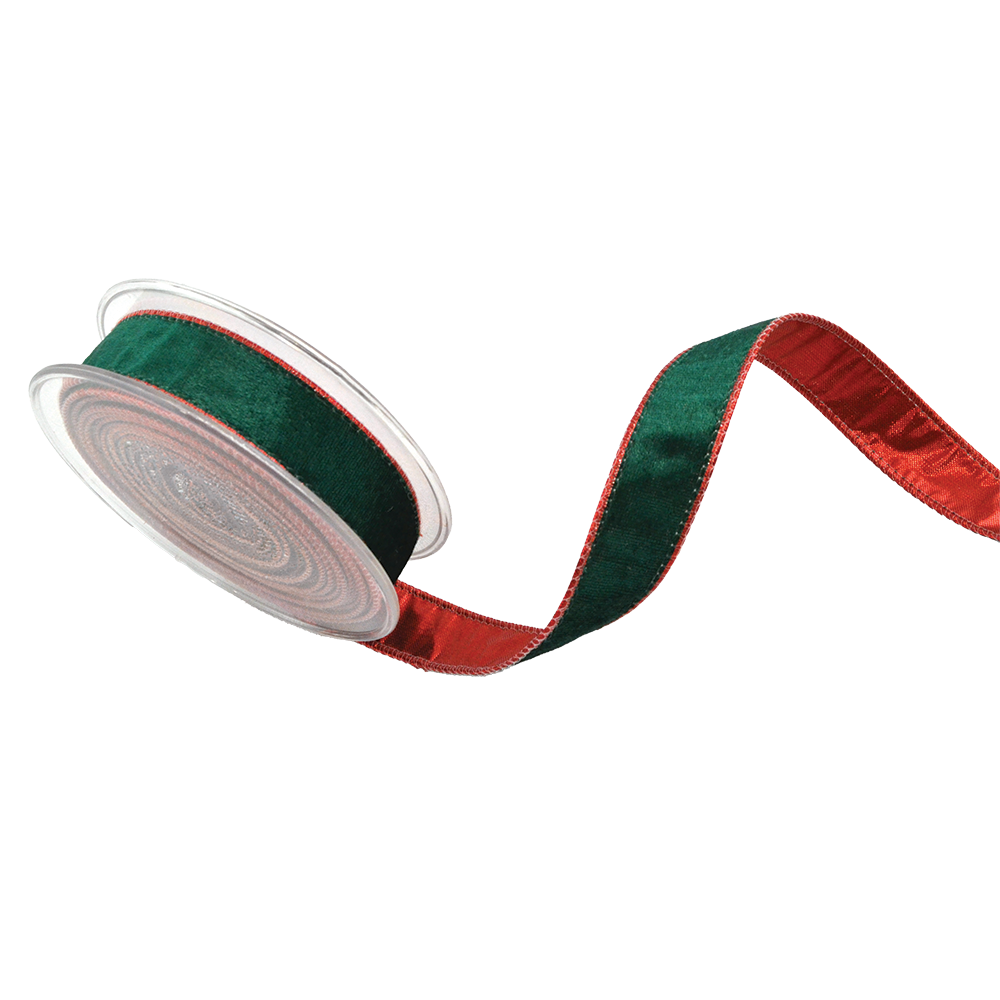 Viv! Christmas Wired Ribbon - Velvet with Shimmering Reverse - Green Red - 2.5cm x 4.5m
