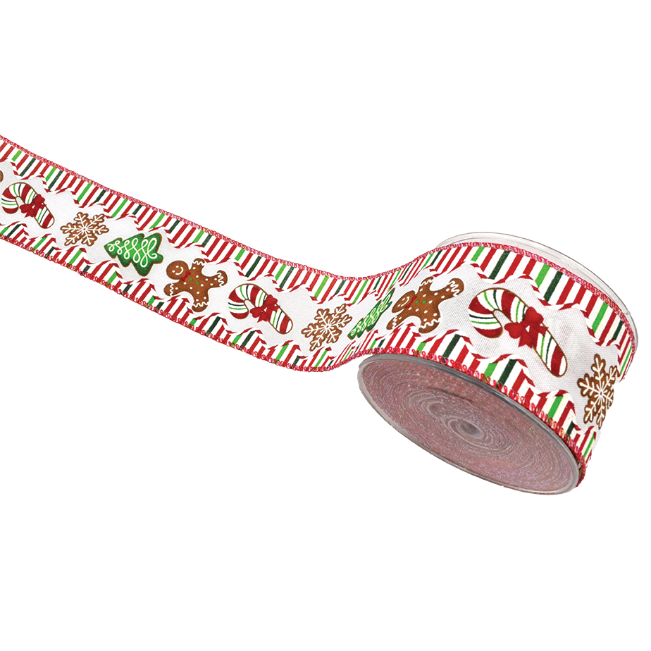 Viv! Christmas Wired Ribbon - Gingerbread & Candy Cane - Red Green - 6.7cm x 9m