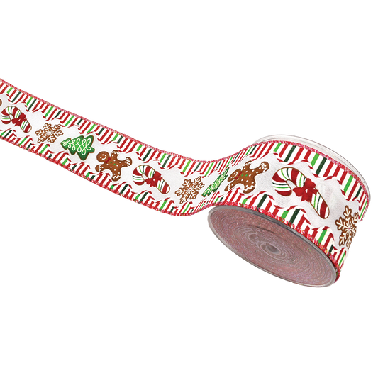 Viv! Christmas Wired Ribbon - Gingerbread & Candy Cane - Red Green - 6.7cm x 9m