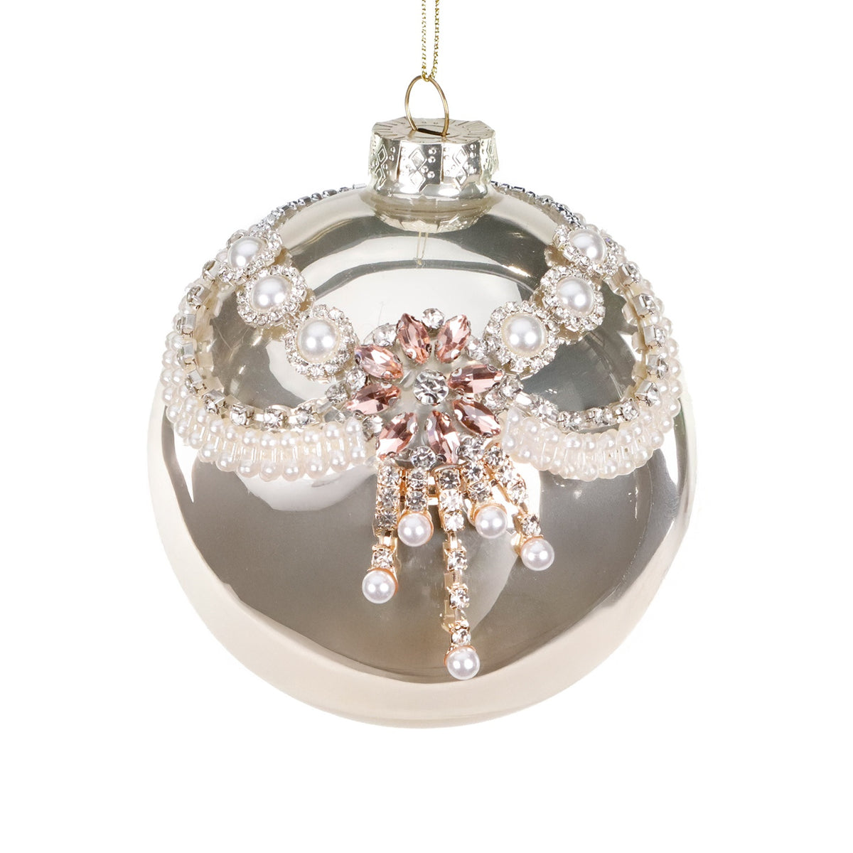 Goodwill M&G Kerstbal - Glas met Parels en Juwelen - crème champagne - 10cm