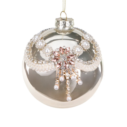 Goodwill M&G Christmas Bauble - Glass Pearl & Jewel Swag Ball - cream champagne - 10cm