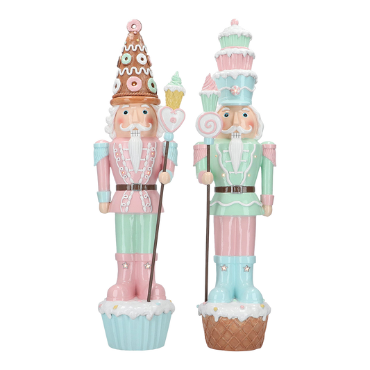 Viv! Christmas Tabletop Figure - Large Nutcracker Cupcake & Donuts incl. LED Lighting - set of 2 - Pastel - Pink Blue - 70cm