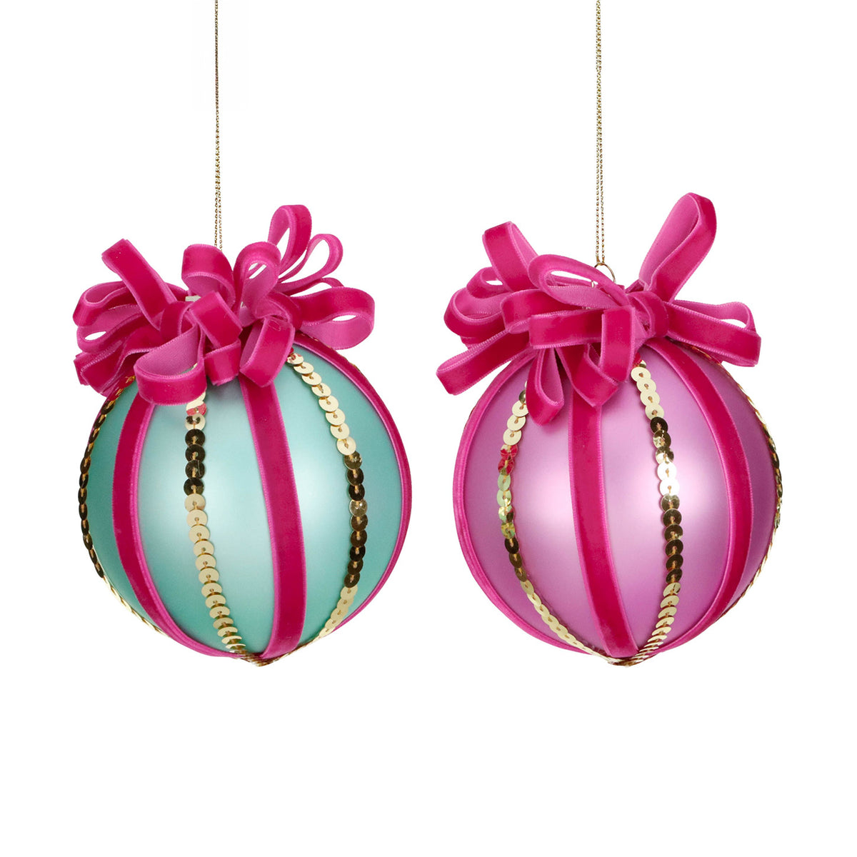 Goodwill M&G Christmas Baubles - Ribbon with Bows - set of 2 - glass - pink green - 16 cm
