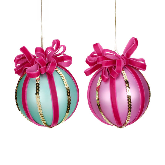 Goodwill M&G Christmas Baubles - Ribbon with Bows - set of 2 - glass - pink green - 16 cm