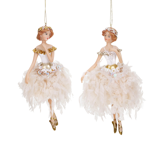 Goodwill M&G Christmas Ornament - Swan Lake Ballerinas w/ Fluffy Skirts - Set of 2 - Cream Gold - 15 cm