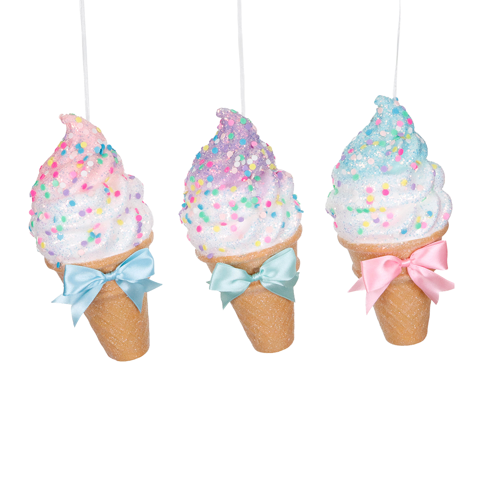 Goodwill M&G Christmas Ornament - Glitter Ice Cream Cones w/ Bow - Set of 3 - Pastel Pink - 22 cm