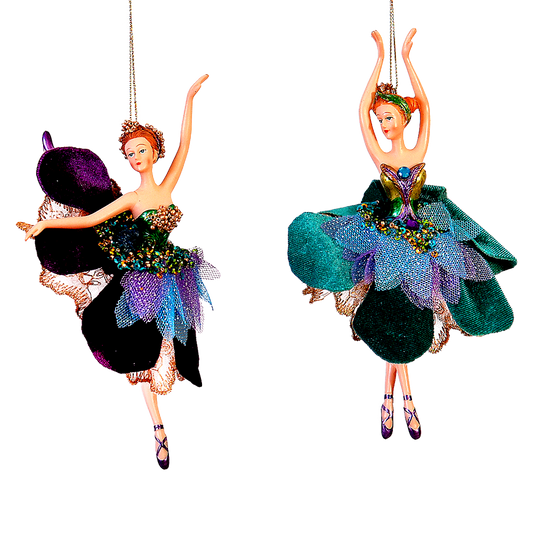 Viv! Christmas Kerstornament - Ballerina's Pauwenrok - set van 2 - pauw blauw groen paars - 18cm