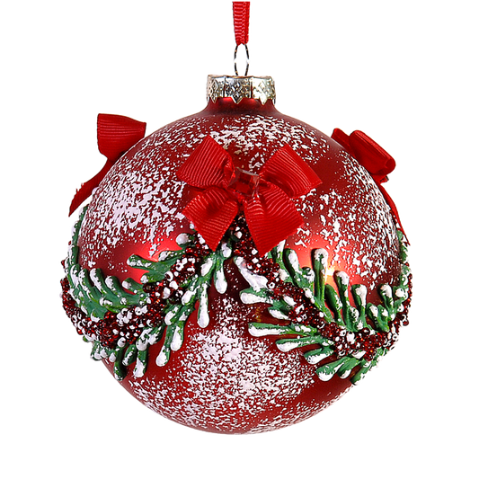 Viv! Christmas Bauble - Snowy Garland with Bows - glass - red green - Ø10cm