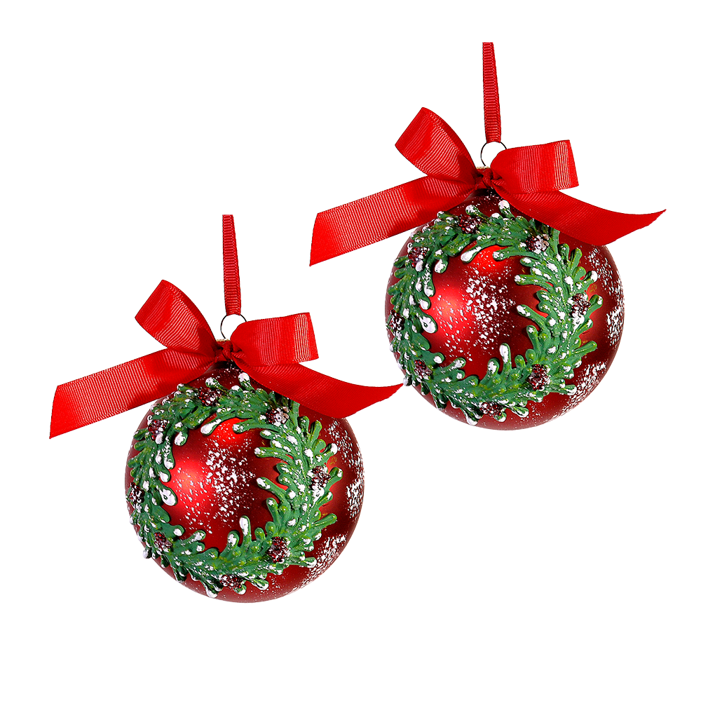 Viv! Christmas Bauble - Snowy Red Ball with Wreath and Bow - set of 2 - glass - red - Ø10cm