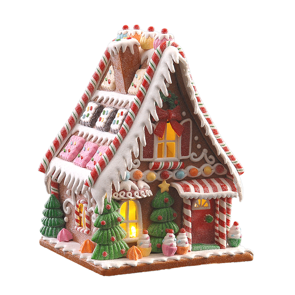 Viv! Christmas Weihnachtsfigur - Lebkuchenhaus voller Süßigkeiten und Kekse inkl. LED Beleuchtung - rot rosa braun - 19cm